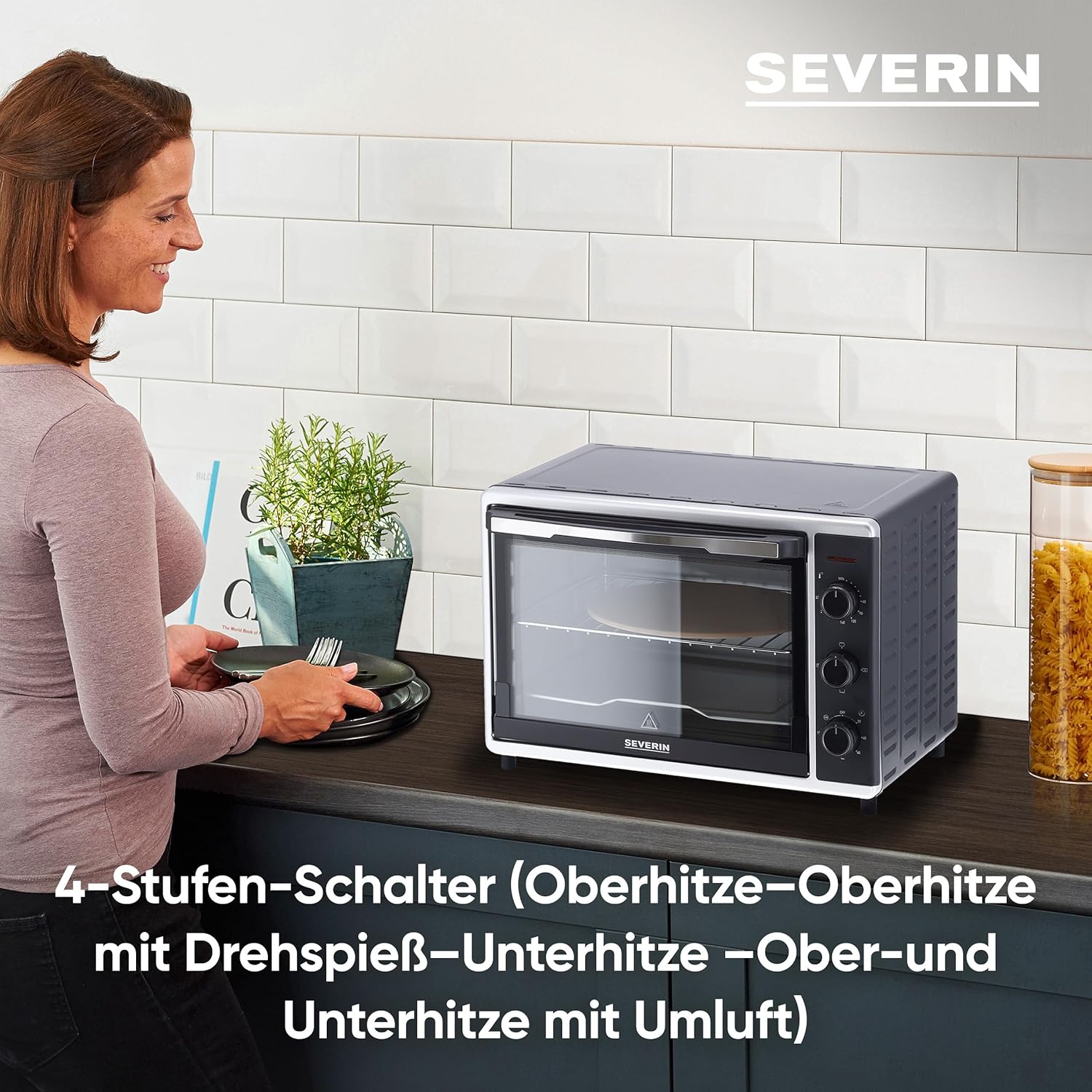 SEVERIN Bak- en Toastoven met heteluchtfunctie, Mini Oven met grillrooster, bakplaat, draaispies en pizzasteen, veelzijdige heteluchtoven met 42 L inhoud, 1.800 W, zwart, TO 2058