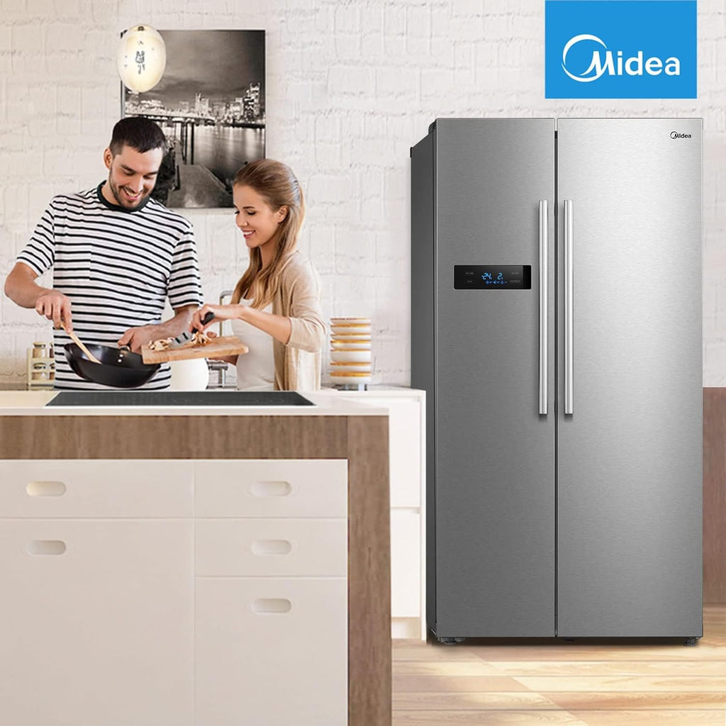 Midea KS-DDX 6.32 WT Amerikaanse koelkast/178,8 cm hoogte/254 kWh/jaar/No Frost/Dual Inverter Compressor/met 3-in-1 water-/ijsdispenser en watertank, Dark Inox