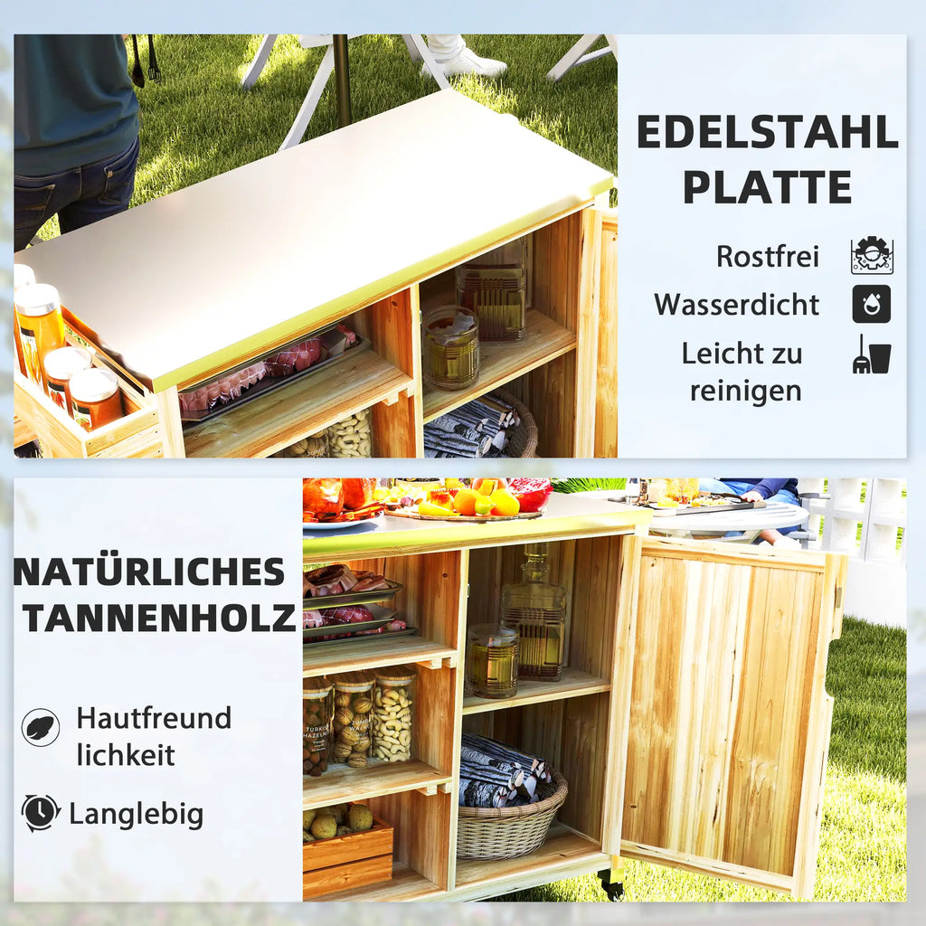 Outsunny Barbecuewagen Outdoor Keukeneiland met wielen Massief hout