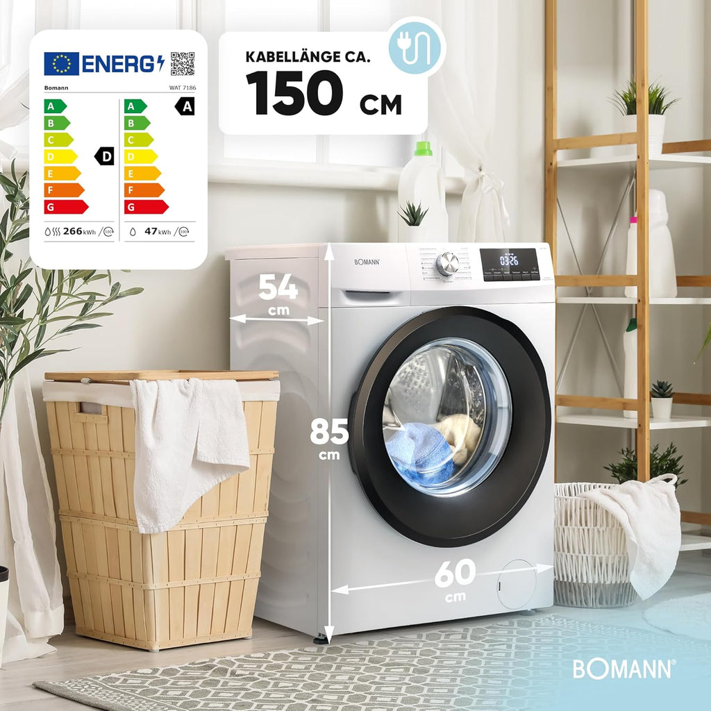 Bomann® Wasdroogcombinatie | Wassen en drogen in één cyclus | 8 kg wassen, 5 kg drogen | Inverter motor | 1400 tpm | Stoomfunctie | Geïntegreerde wasmachine met droger | WAT 7186 wit