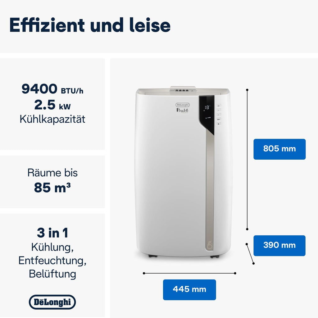 De'Longhi Pinguino PAC EM82, Mobiele airconditioner voor ruimtes tot 80 m, 9.400 BTU, 2,4 kW, 63 dB, Ontvochtigingsfunctie, Energieklasse A, 24-uurs timer, Wit