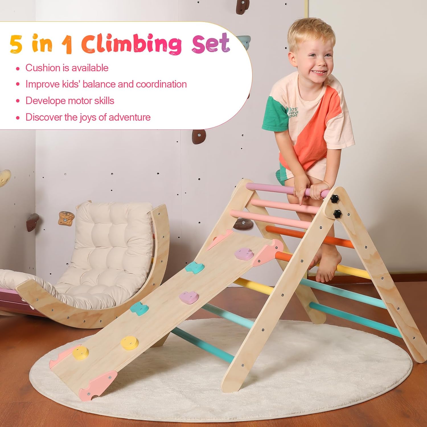 Driehoekset met kussen, 5-in-1 Montessori klimset, opvouwbaar, klim-binnenspeeltuinset voor peuters, houten klimspeelgoed met glijbaan en klimboog voor kinderen (houtkleur)