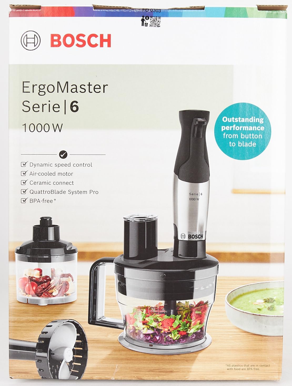 Bosch staafmixer ErgoMaster Serie 6 MSM6M673, 10 jaar motorgarantie, roestvrijstalen messen, slijtagevrije keramische koppeling, luchtkoeling, hakmolen, pureerstamper, garde, 1000 W