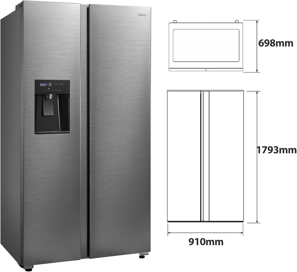 Midea KS-DDX 6.32 WT Amerikaanse koelkast/178,8 cm hoogte/254 kWh/jaar/No Frost/Dual Inverter Compressor/met 3-in-1 water-/ijsdispenser en watertank, Dark Inox