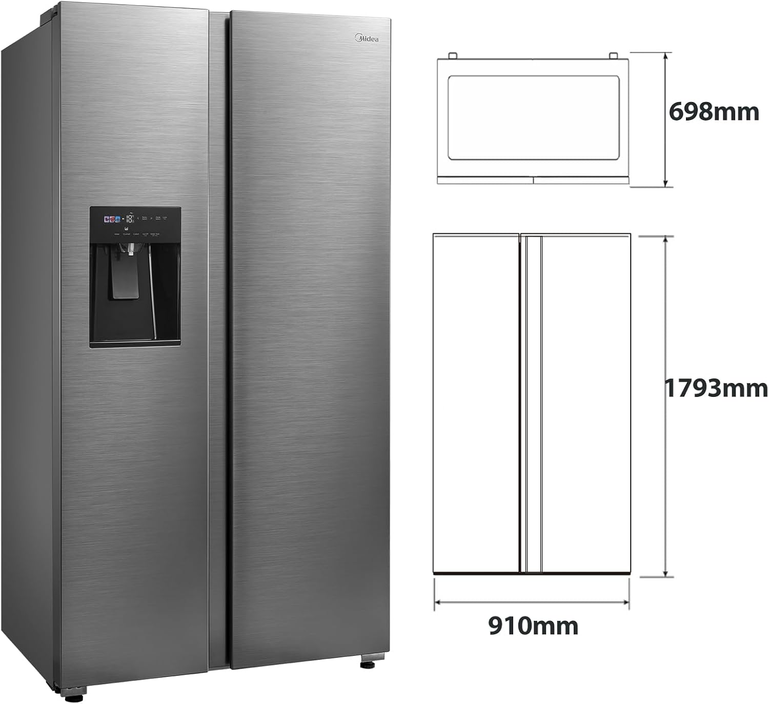 Midea KS-DDX 6.32 WT Amerikaanse koelkast/178,8 cm hoogte/254 kWh/jaar/No Frost/Dual Inverter Compressor/met 3-in-1 water-/ijsdispenser en watertank, Dark Inox