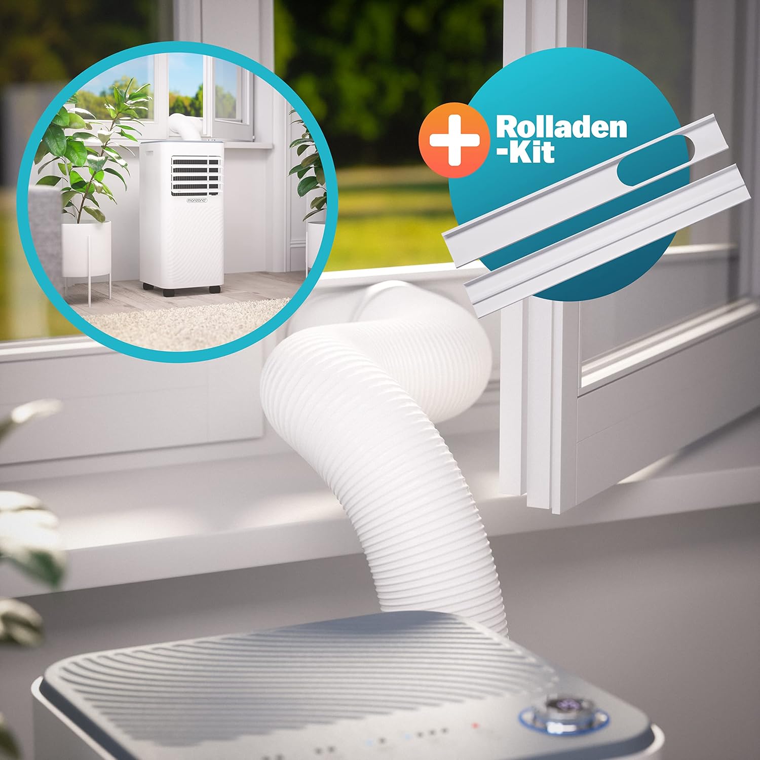 Monzana mobiele airconditioner MZKA2000 afvoerslang 7000BTU 3-in-1 750W 24h timer 25m² afstandsbediening ontvochtiger rolluikkit airco