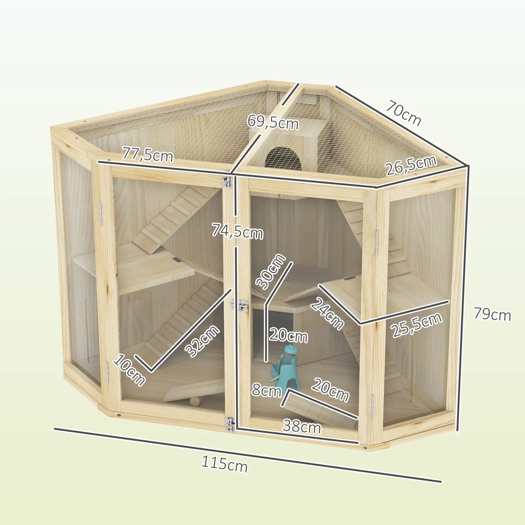 PawHut Hamsterkooi Hout 4 Verdiepingen met Accessoires en Kijkvenster