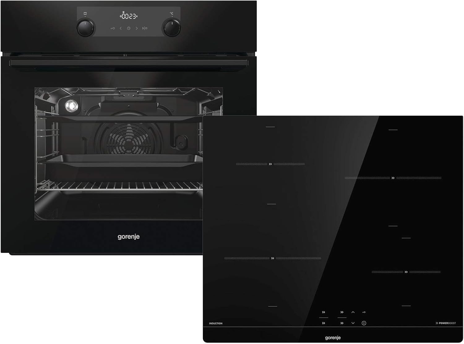Gorenje 738971 Inbouw Ovenset OptiBake Black Steam Pyro Set / 77L / Hetelucht/Pyrolyse/ExtraSteam/GentleClose/AirFry/Pizzamode 300°C/PerfectGrill/Inductiekookplaat met BridgeZone/zwart