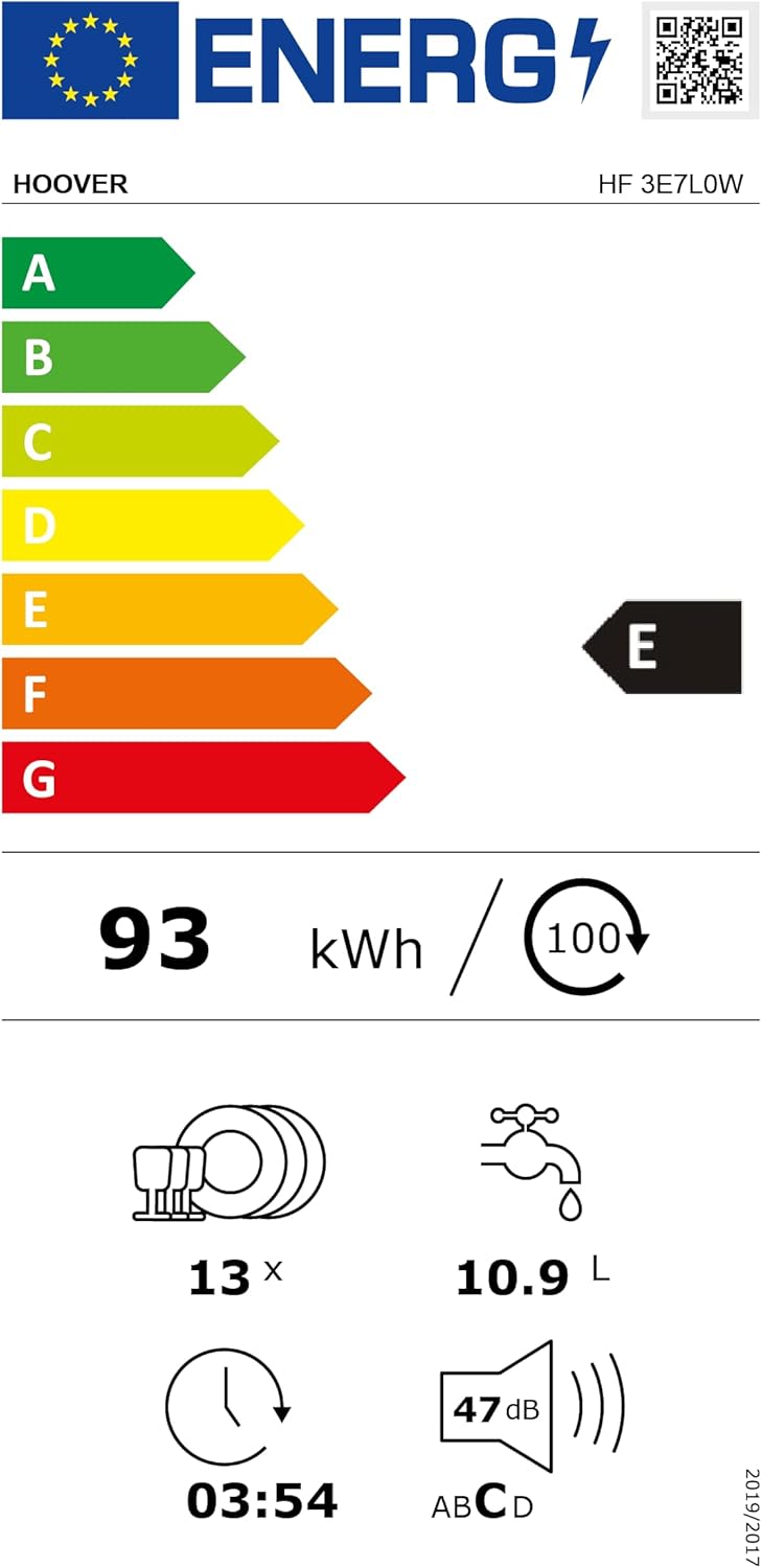 Hoover HF 4C6F0PW vaatwasser; 14 couverts; Vrijstaand, 60 cm breed; Energie-efficiëntieklasse C; Slimme bediening met wifi + bluetooth-technologie