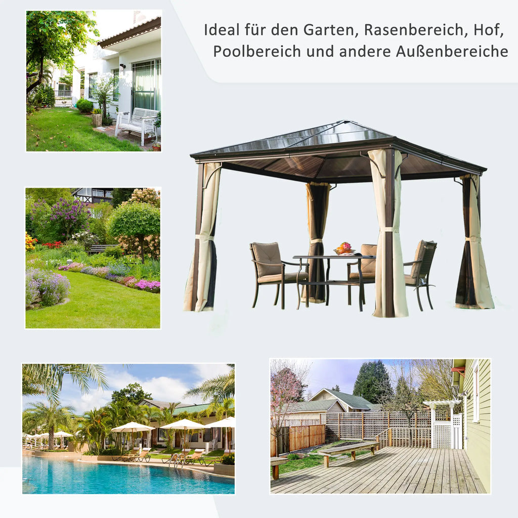 Outsunny Tuinpaviljoen Hardtop met Polycarbonaat Dak Muskietennet Aluminium