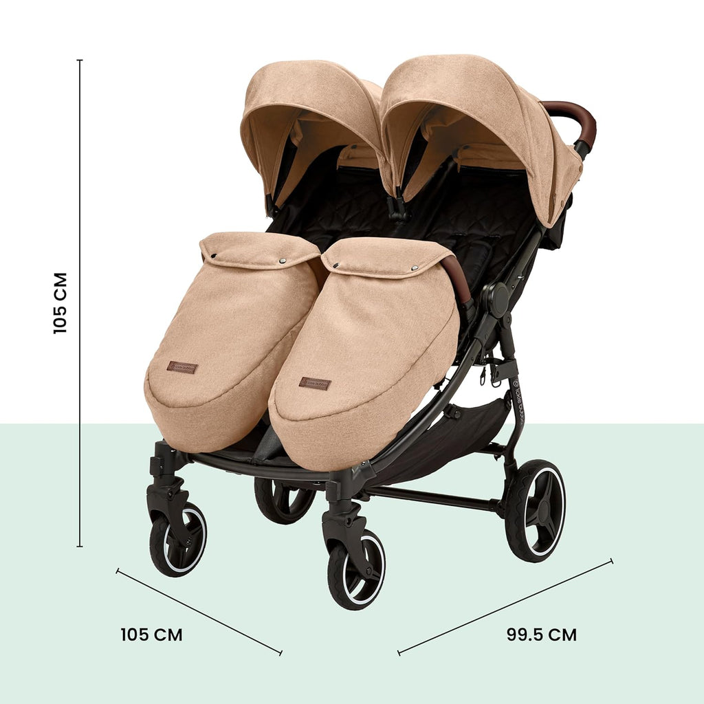 Venus Max Duo Buggy - geschikt vanaf de geboorte tot 15 kg (ongeveer 3 jaar), compacte, lichte, opvouwbare tweelingbuggy, inclusief regenhoes en voetenzak (Biscuit)