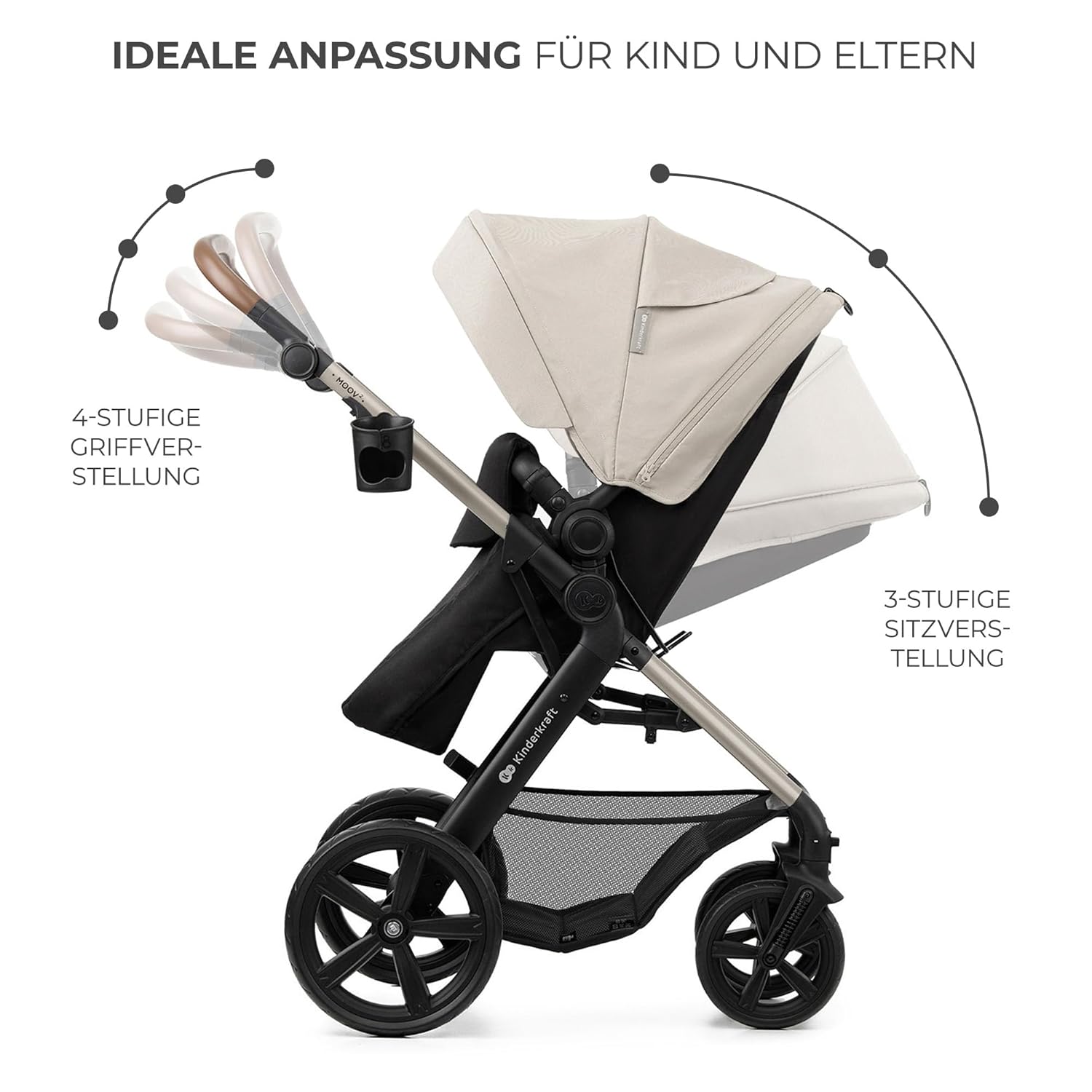 Kinderkraft MOOV2 AIR Kinderwagen 3 in 1 Kinderwagenset tot 26 kg met autostoel I-SIZE 40-75 cm, buggyfunctie, verstelbare ligstand, grote uitschuifbare kap, opblaasbare wielen, zwart