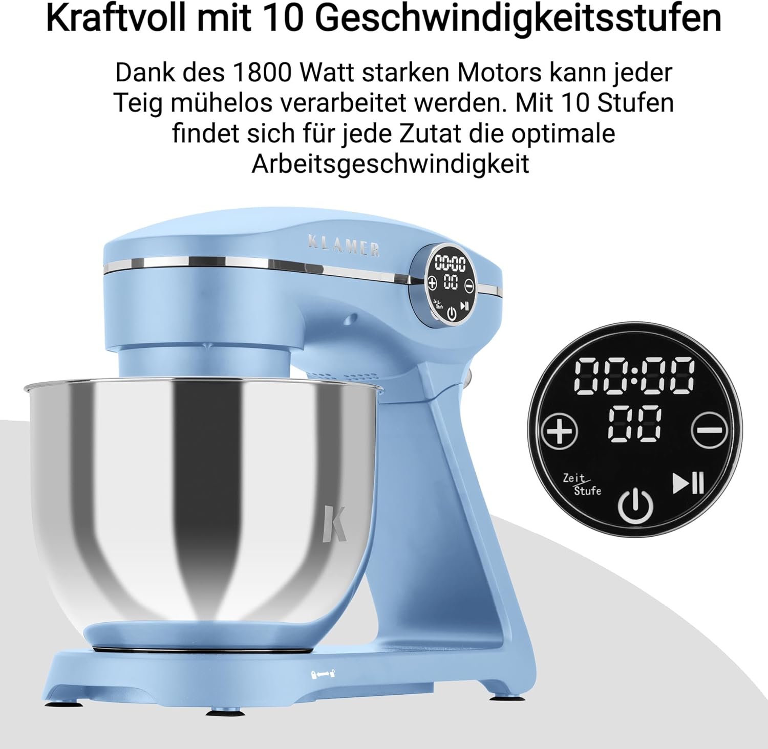 KLAMER Keukenmachine 1800W, Kneedmachine Brooddeeg met RVS Mengkom 6 L, 10 Snelheden met Timer, Planetaire Menging, Klopper, Deeghaak, Garde & Spatscherm (zwart)