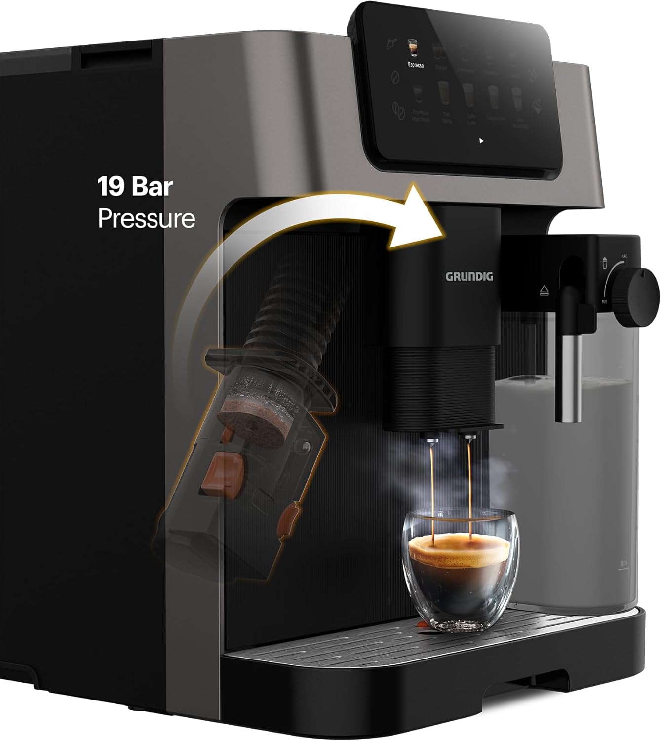 GRUNDIG KVA 7230 volautomatische koffiemachine, 10 koffiespecialiteiten, 13 maalfijnheden, melkreservoir, krachtig 1350 W, 19 bar pompdruk, dubbele uitloop, verlichting, Zwart/Donkerzilver