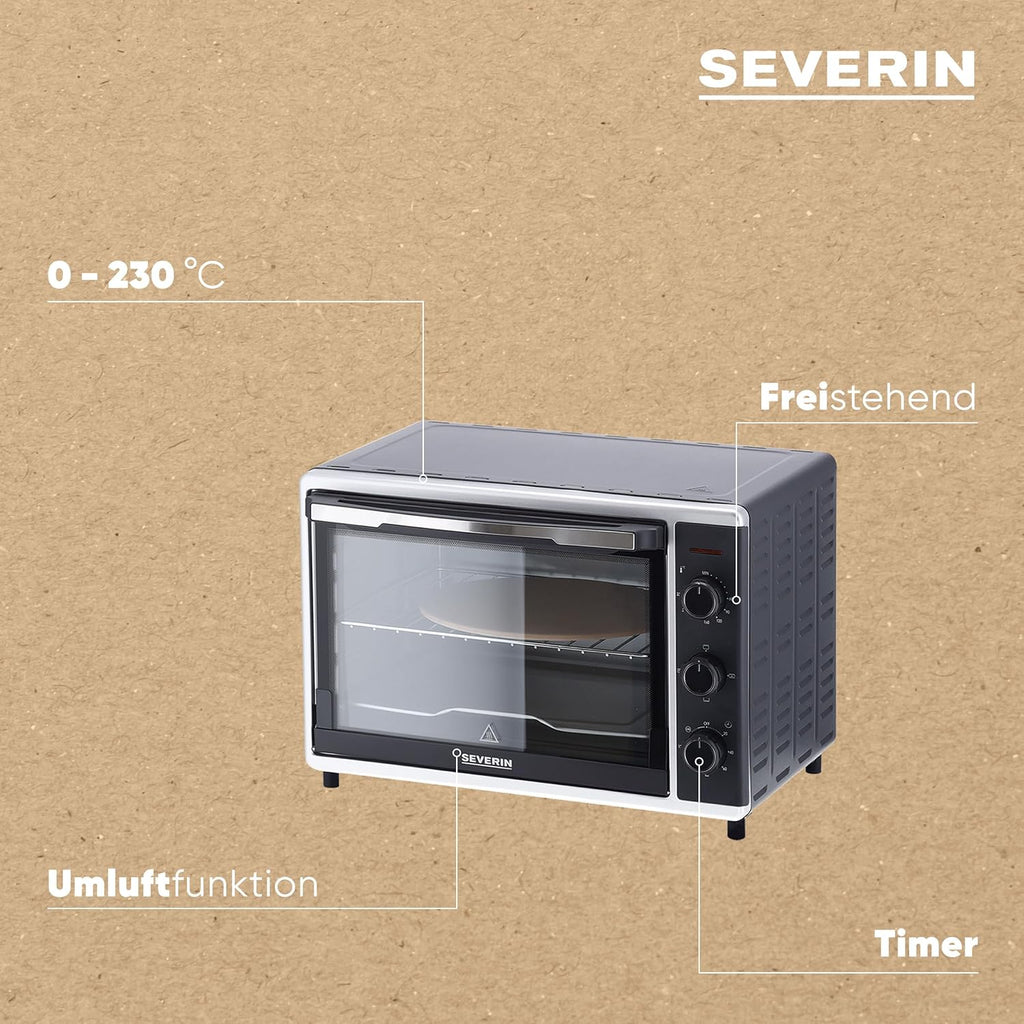 SEVERIN Bak- en Toastoven met heteluchtfunctie, Mini Oven met grillrooster, bakplaat, draaispies en pizzasteen, veelzijdige heteluchtoven met 42 L inhoud, 1.800 W, zwart, TO 2058