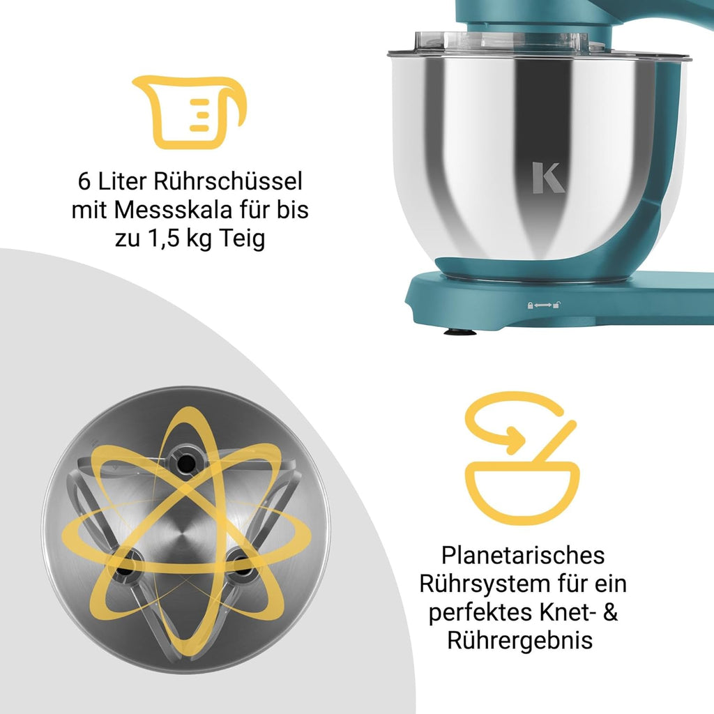 KLAMER Keukenmachine 1800W, Kneedmachine met 6 Liter RVS Kom, 10 Snelheidsstanden met Timer, Klopper, Deeghaak, Garde en Spatdeksel