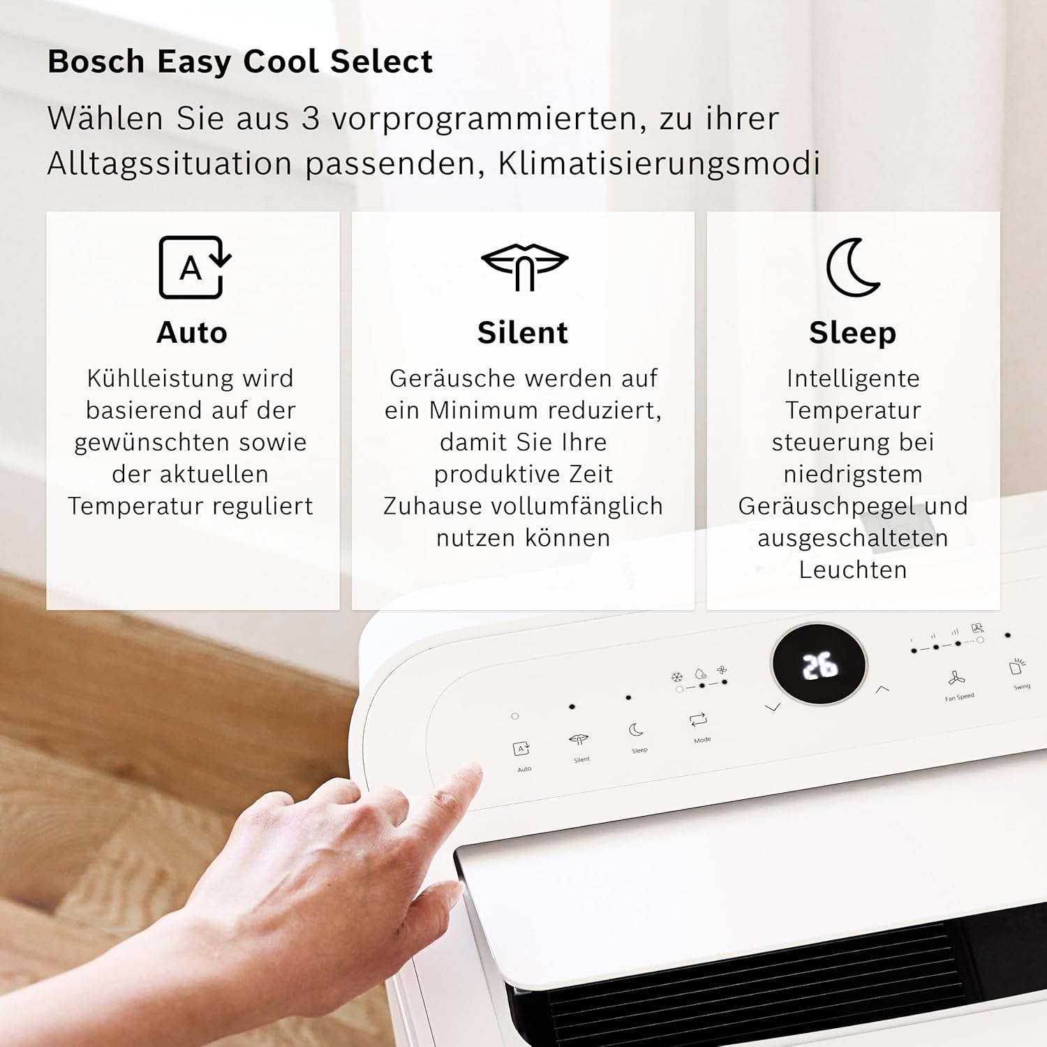 Bosch Cool 4000 Mobiele airconditioner - 3-in-1: Airconditioner, ontvochtiger, ventilator - 2,6 kW voor ruimtes tot 35 m² - Met automatische modus, stille modus & slaapmodus