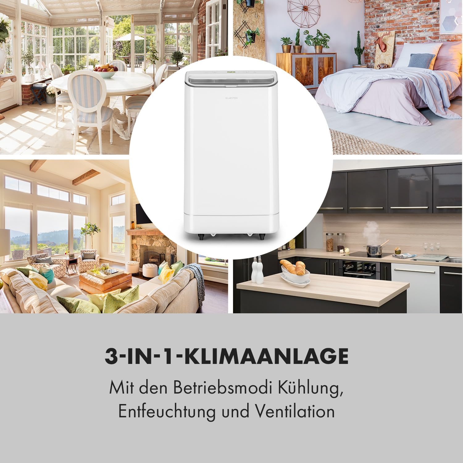 Klarstein Mobiele Airconditioning met Afvoerslang, 3-in-1 Airco met Ventilator, Luchtontvochtiger & Nachtmodus, Kleine & Draagbare Airco voor Thuis & Kantoor, 12000 BTU Laag Verbruik