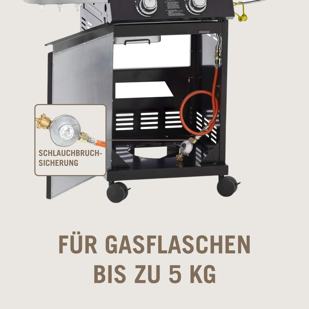 RÖSLE Elektrische BBQ-grill Portable Videro E2-P, draagbare tafelgrill met 2 branders, warmhoudrooster en deksel met glasplaat, gepoedercoat staal, zwart/zilver