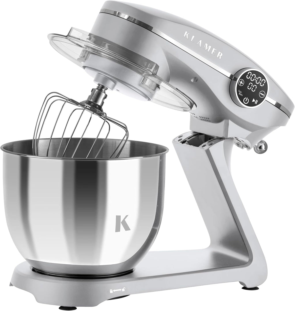 KLAMER Keukenmachine 1800W, Kneedmachine met 6 Liter RVS Kom, 10 Snelheidsstanden met Timer, Klopper, Deeghaak, Garde en Spatdeksel