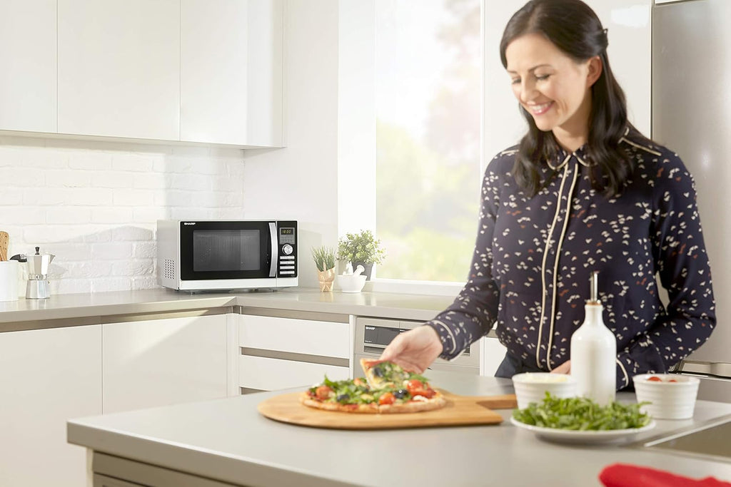 Sharp R843INW 4-in-1 magnetron met hetelucht, grill en convectie/ 25 L/ 800 W/ 1000 W infraroodgrill/ 2500 convectie/ 10 automatische programma's/ pizzaprogramma/ metalen draaiplateau (30 cm)/ zilver