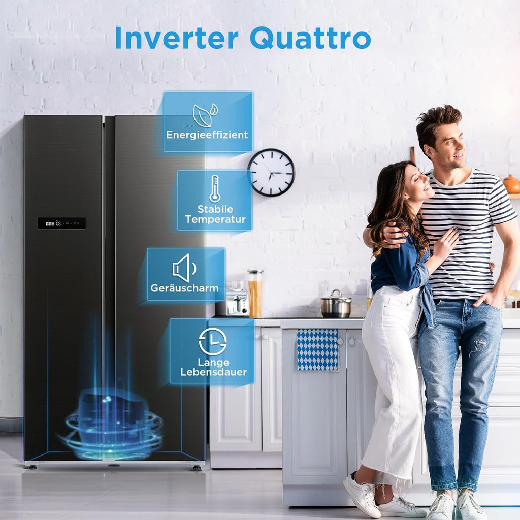 Midea KS-DDX 6.32 WT Amerikaanse koelkast/178,8 cm hoogte/254 kWh/jaar/No Frost/Dual Inverter Compressor/met 3-in-1 water-/ijsdispenser en watertank, Dark Inox