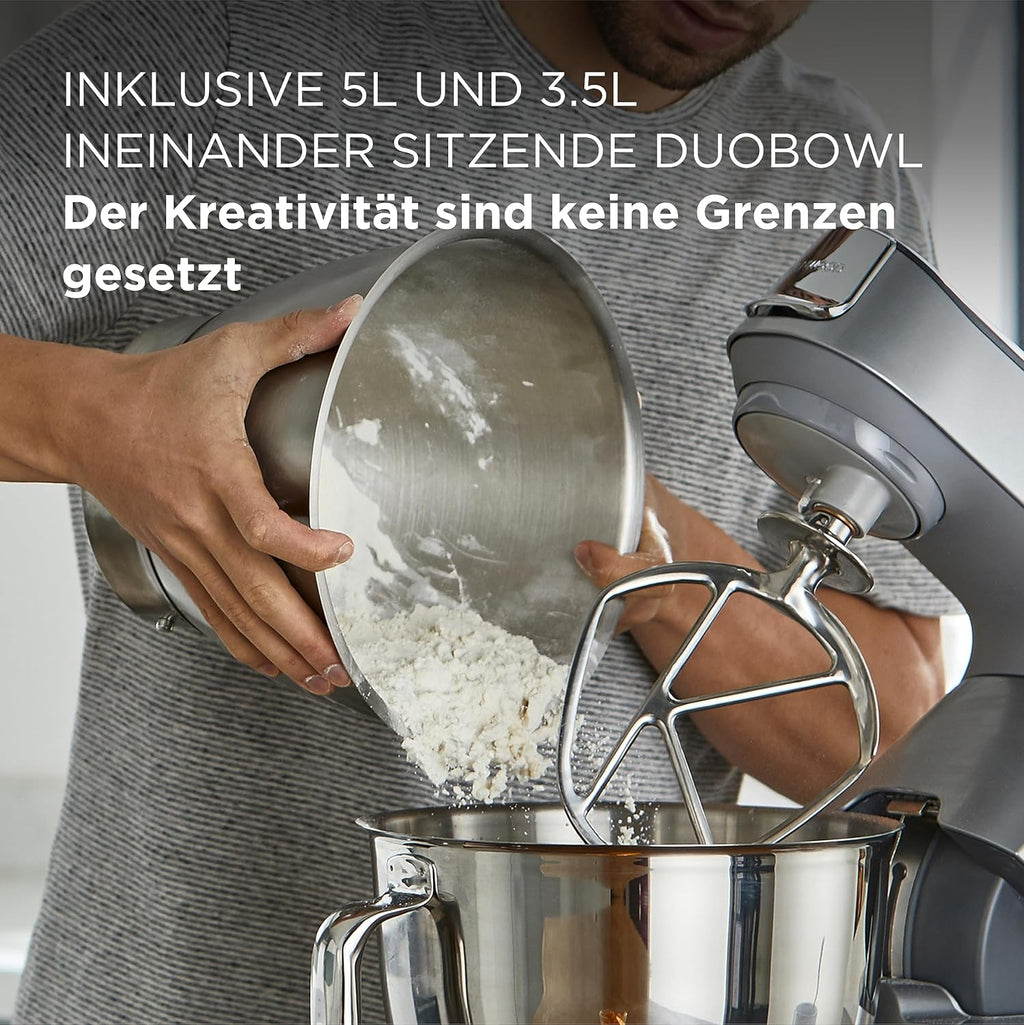 Kenwood Titanium Chef Baker KVL85.424SI Keukenmachine met geïntegreerde weegschaal, incl. 4-delige patisserie set, 7 L en 5 L mengkom, traploze snelheidsregeling, 1200 W, zilver