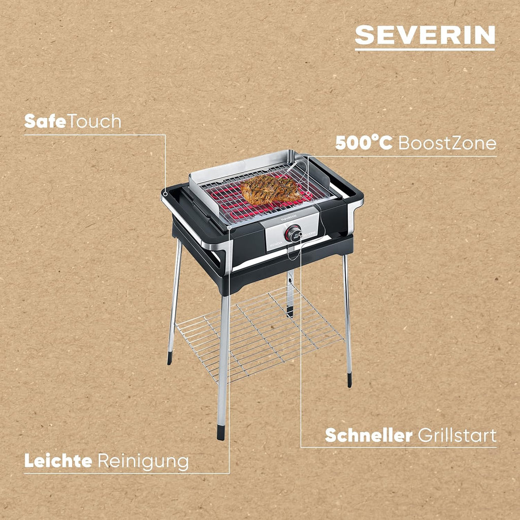 SEVERIN SENOA DigitalBOOST S elektrische barbecue met onderstel, staande barbecue met snelle start tot 500 °C, balkonbarbecue met SafeTouch-oppervlak, RVS/zwart, PG 8118
