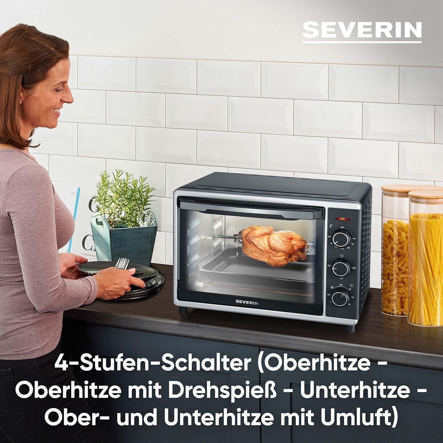 SEVERIN Bak- en Toastoven met heteluchtfunctie, Mini Oven met grillrooster, bakplaat, draaispies en pizzasteen, veelzijdige heteluchtoven met 42 L inhoud, 1.800 W, zwart, TO 2058