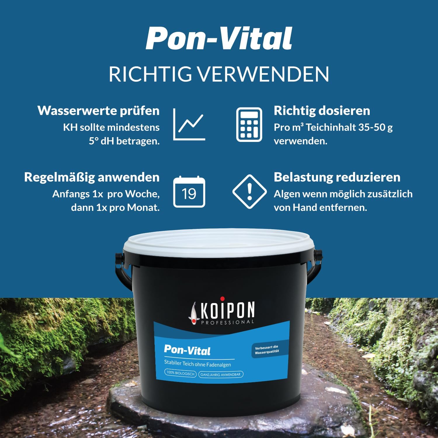 KOIPON Pon-Vital 25 kg, Het 100% biologische alternatief voor draadalgenverdelgers tegen algengroei en draadalgen in de vijver