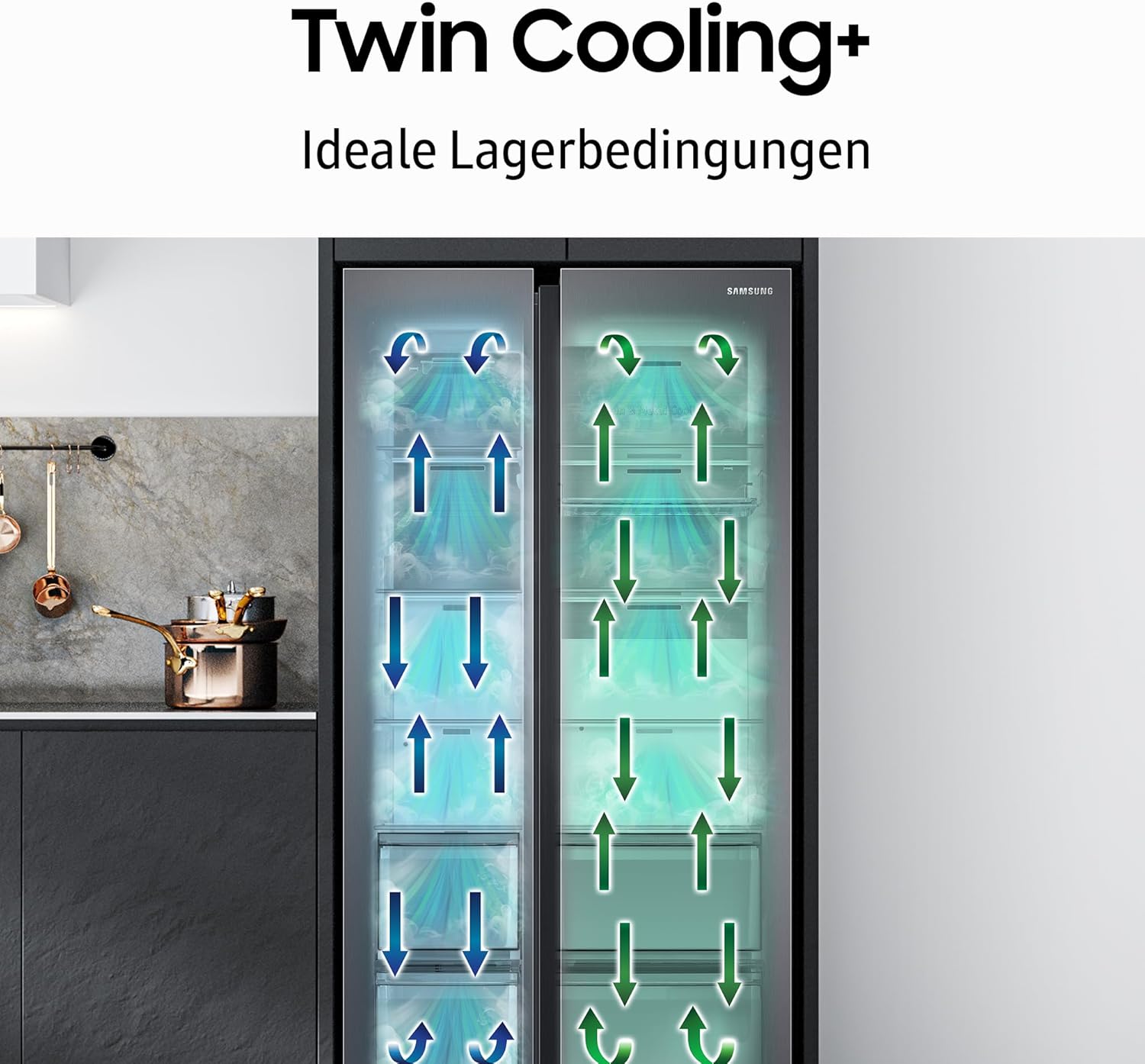 Samsung RS64DG53R3B1EF Amerikaanse koelkast, 178 cm, 628 l, SmartThings AI Energy Mode, ijs- en waterdispenser, Slim Ice Maker, Premium Black Steel