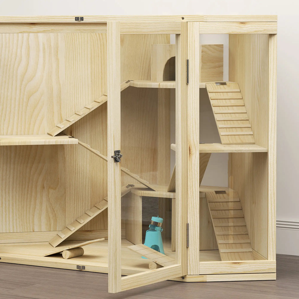 PawHut Hamsterkooi Hout 4 Verdiepingen met Accessoires en Kijkvenster