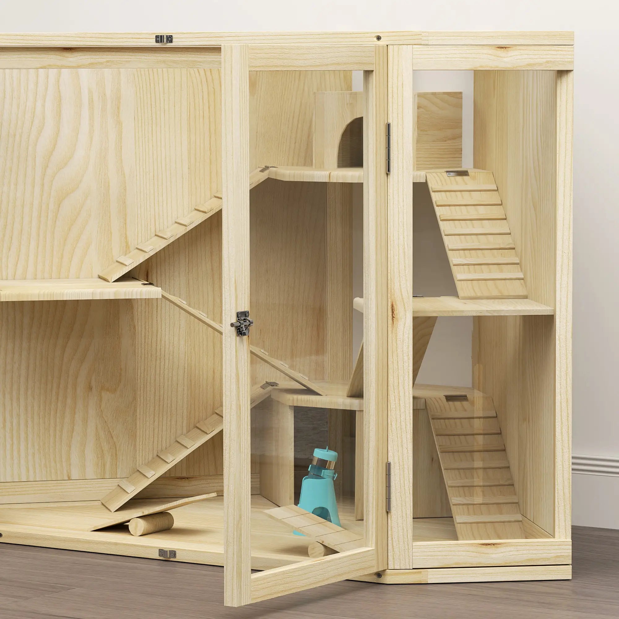 PawHut Hamsterkooi Hout 4 Verdiepingen met Accessoires en Kijkvenster