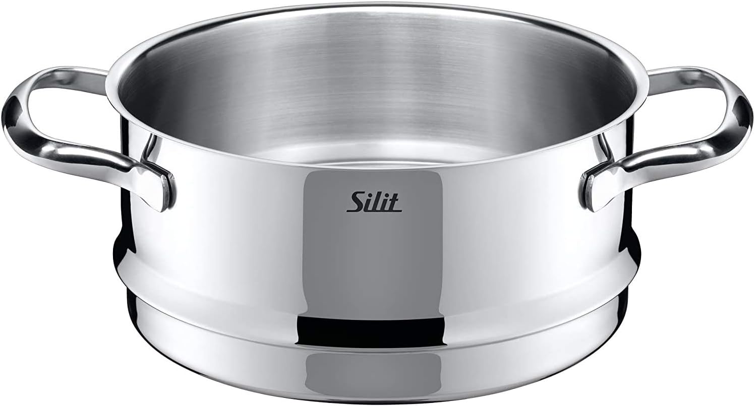 Silit Toskana pannenset inductiegeschikt 10-delig, kookpannenset met glazen deksel, inductiekookpannen, melkpan, stoompan, koekenpan, roestvrij staal deels mat, inductie pannen set ongecoat