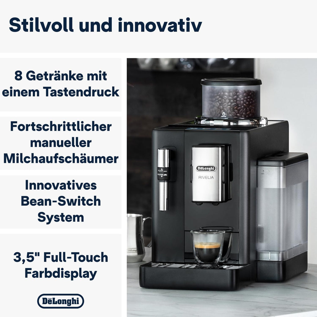De'Longhi Rivelia EXAM440.55.W volautomatische espressomachine met LatteCrema-melksysteem, verwisselbaar bonenreservoir, 16 koffie- en melkdranken met één druk op de knop, Extra-Shot-functie, 3,5 inch touchscreen, wit