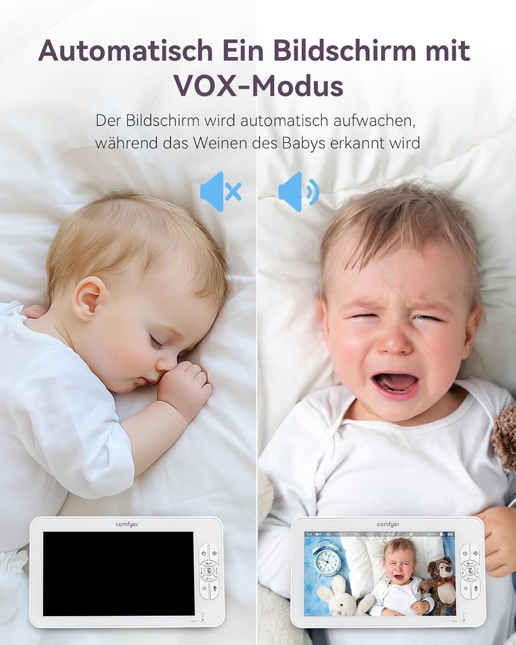 Comfyer Split-Screen Babyfoon met 2 Camera's, 7" HD 720P Videobabyfoon zonder wifi met Beugel, IR-Nachtzicht Groothoeklens Vox-modus 2-Weg Audio 292m Bereik Video Surveillance Apparaten