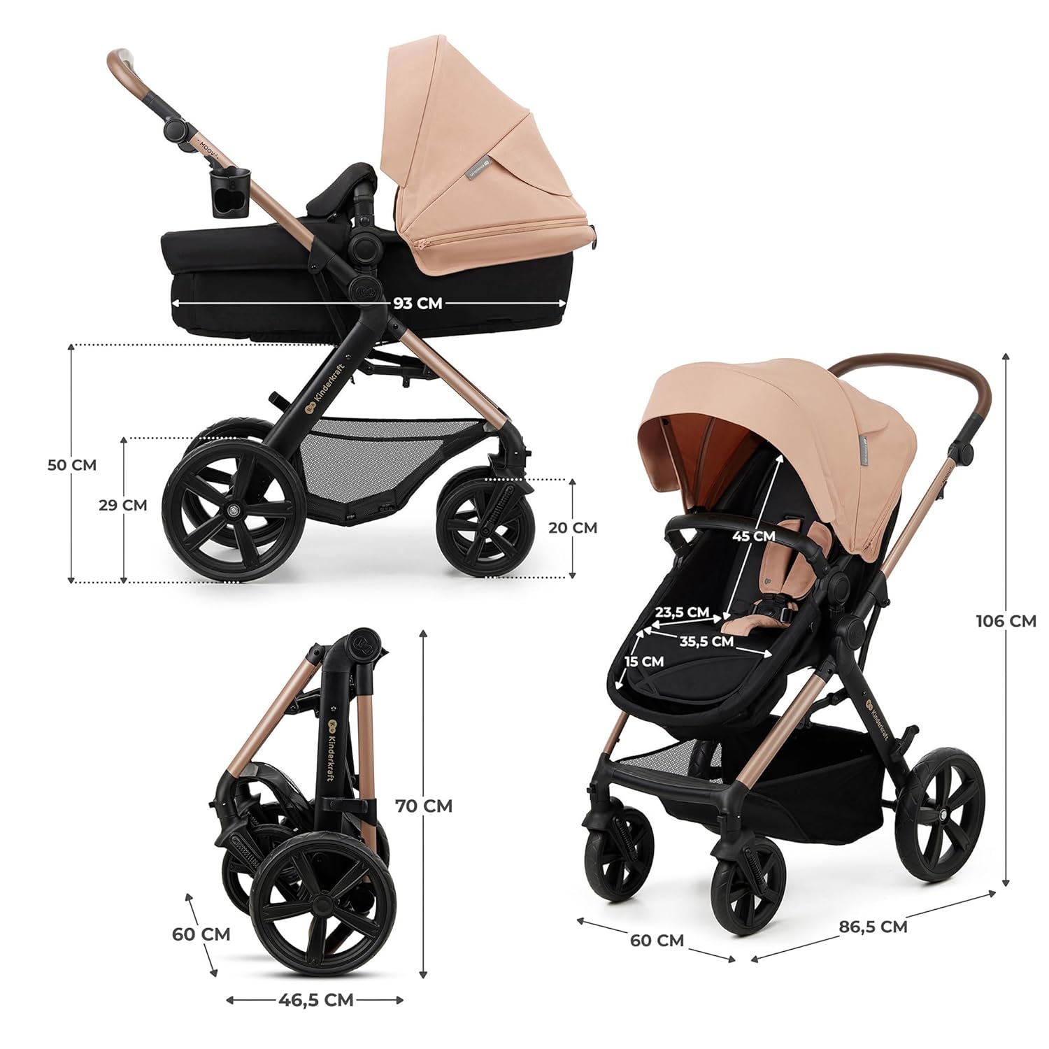 Kinderkraft MOOV2 AIR Kinderwagen 3 in 1 Kinderwagenset tot 26 kg met autostoel I-SIZE 40-75 cm, buggyfunctie, verstelbare ligstand, grote uitschuifbare kap, opblaasbare wielen, zwart