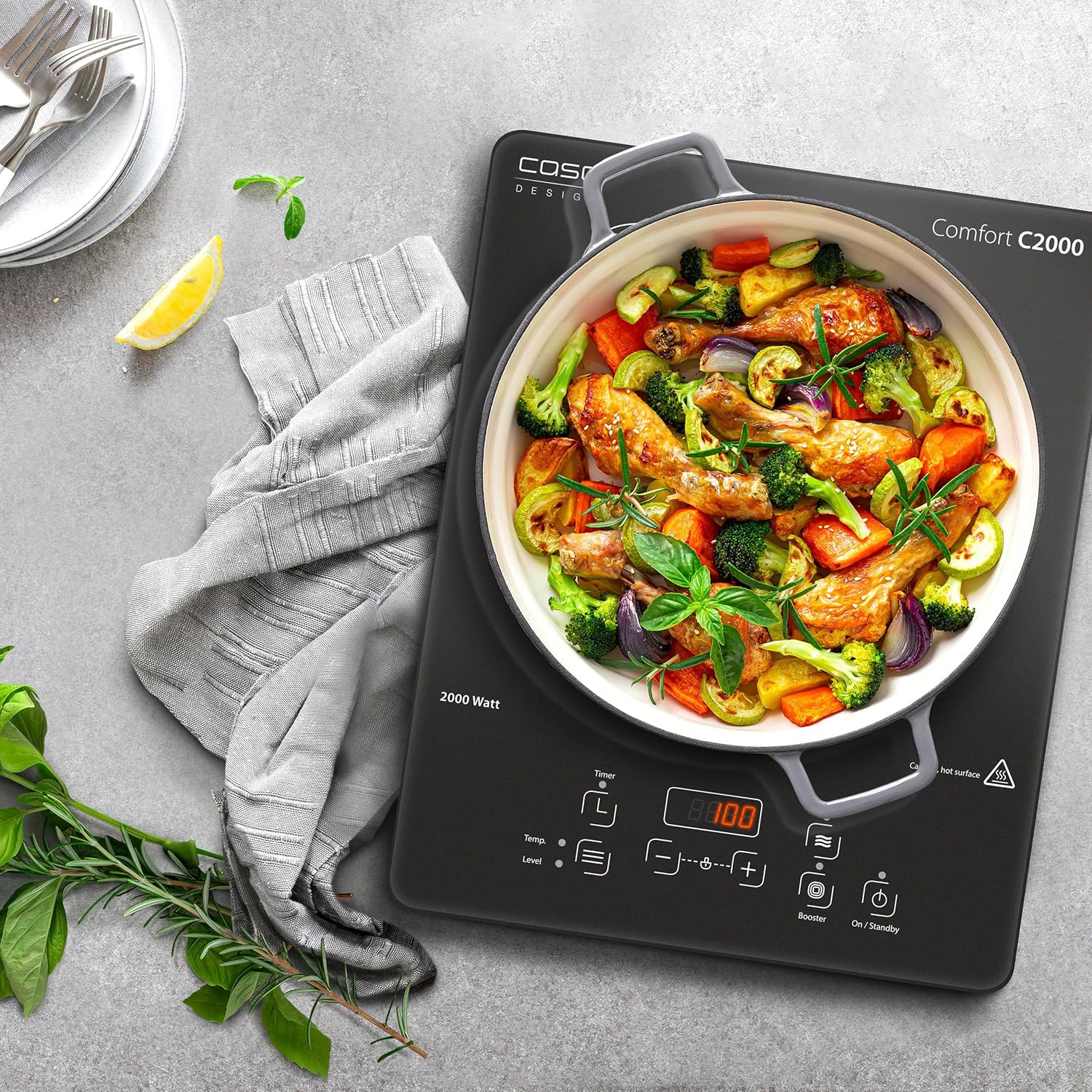 CASO Touch 3500 dubbele mobiele inductiekookplaat, veiligheidsschakelaar, 60-240°C, 6 standen, timer 180 min., pannen tot 26 cm, 3500 watt, glaskeramiek