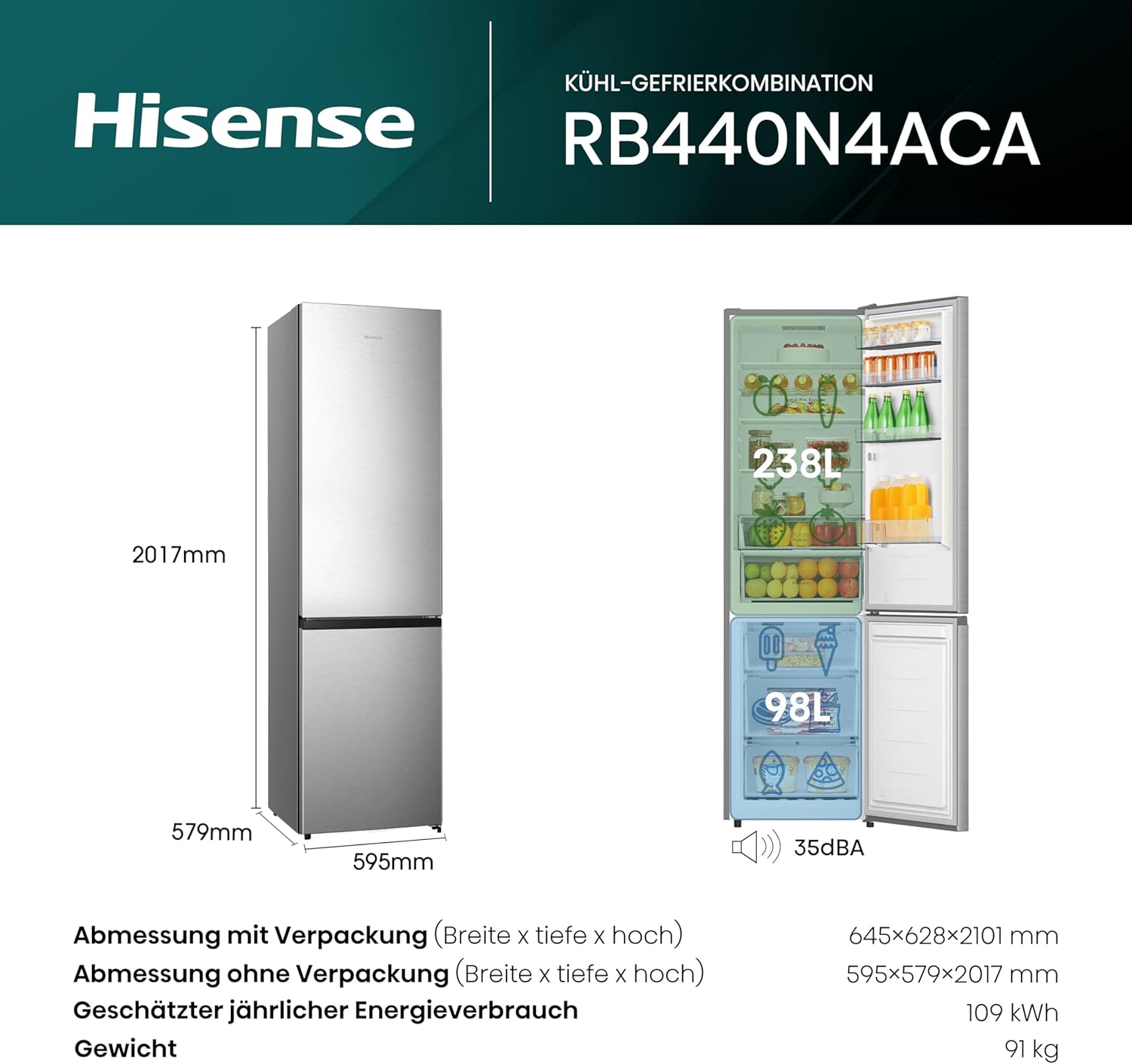 Hisense RB327N4AD2 koel-vriescombinatie/ NoFrostPlus/ Multiflow 360°/ HolidayMode/ FreshZone/ 182,4 cm/ koelgedeelte 171 l/ vriesgedeelte 85 l/ 41 dB/ 287 kWh/ jaar/ roestvrijstalen look