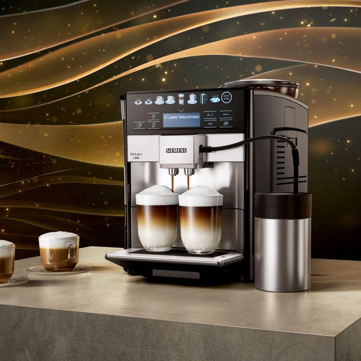 SIEMENS Volautomatische koffiemachine EQ6 plus s300 TE653501DE, voor vele koffiespecialiteiten, melkopschuimmondstuk, keramisch maalwerk, dubbele kopfunctie, antikalk, automatische stoomreiniging, 1500 W, zilver
