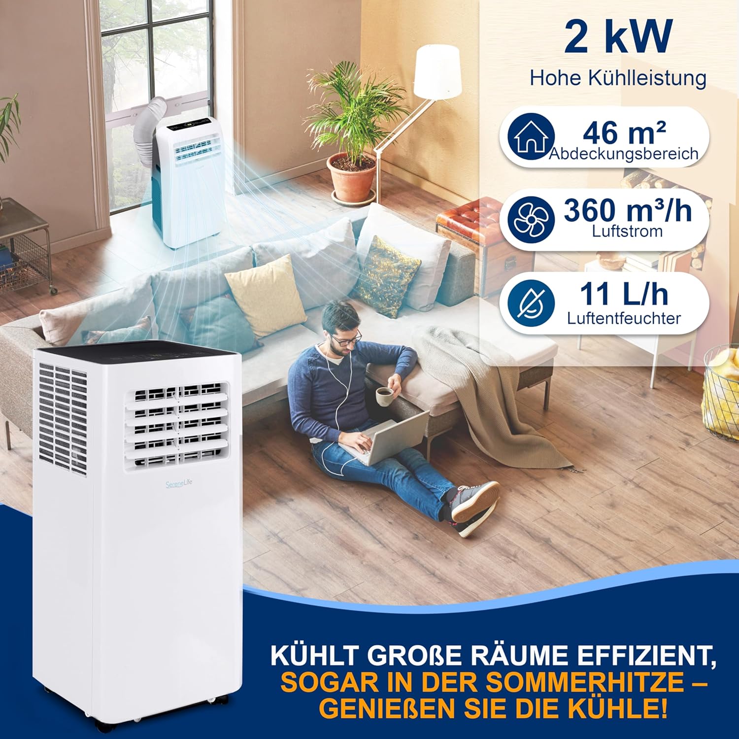 SereneLife 3-in-1 Mobiele Airconditioner met Afvoerslang – Klimaatregelaar als Luchtkoeler, Ventilator & Luchtontvochtiger – Mini Airco voor Ruimtes tot 28 m2 – Luchtkoeler voor Thuis & Kantoor 10.000 BTU