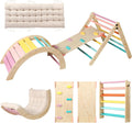 Driehoekset met kussen, 5-in-1 Montessori klimset, opvouwbaar, klim-binnenspeeltuinset voor peuters, houten klimspeelgoed met glijbaan en klimboog voor kinderen (houtkleur)