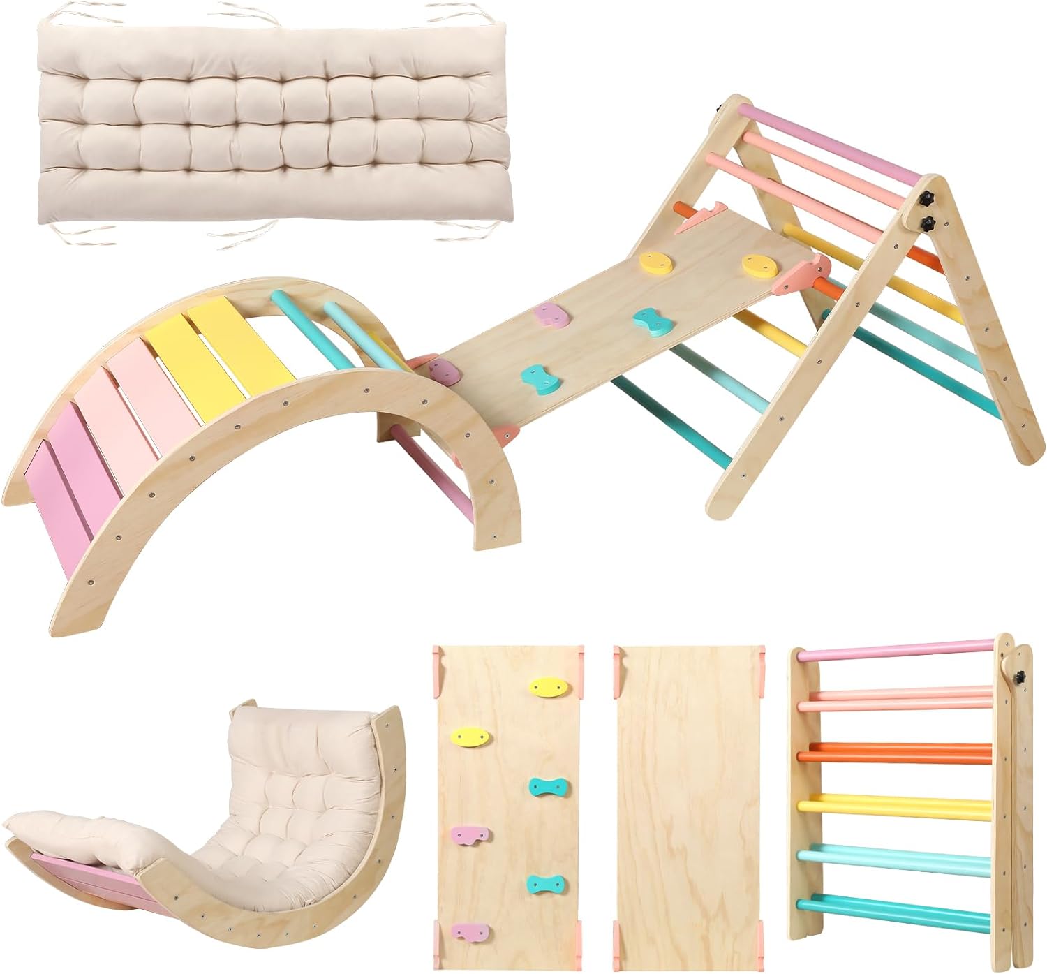 Driehoekset met kussen, 5-in-1 Montessori klimset, opvouwbaar, klim-binnenspeeltuinset voor peuters, houten klimspeelgoed met glijbaan en klimboog voor kinderen (houtkleur)