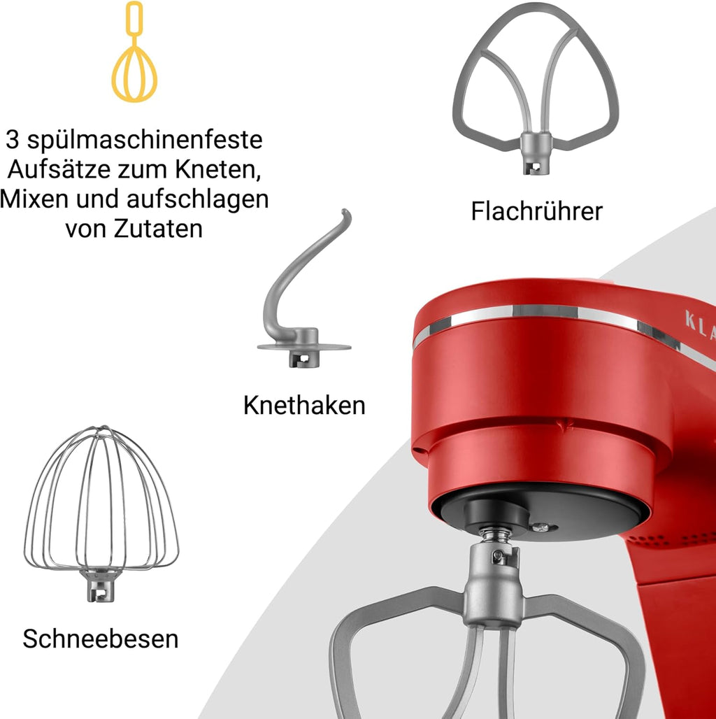 KLAMER Keukenmachine 1800W, Kneedmachine Brooddeeg met RVS Mengkom 6 L, 10 Snelheden met Timer, Planetaire Menging, Klopper, Deeghaak, Garde & Spatscherm (zwart)