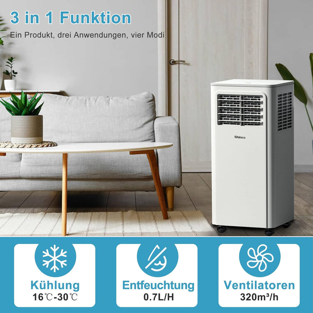SHINCO Mobiele airconditioning met luchtafvoerslang, 9000 BTU, 2,6 kW, Koelen&Ventileren&Ontvochtigen, Mobiel airco-apparaat met slaapstand, Ruimte tot 22㎡, 24-uurs timer