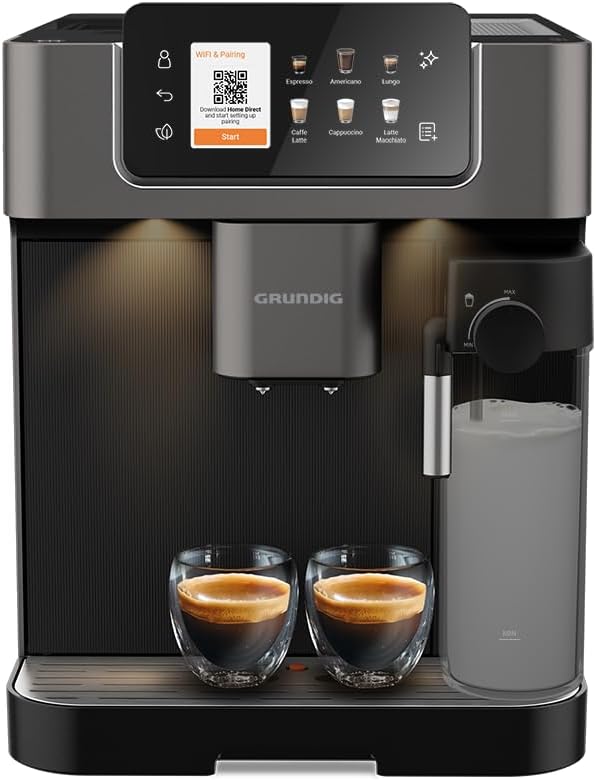 GRUNDIG KVA 7230 volautomatische koffiemachine, 10 koffiespecialiteiten, 13 maalfijnheden, melkreservoir, krachtig 1350 W, 19 bar pompdruk, dubbele uitloop, verlichting, Zwart/Donkerzilver