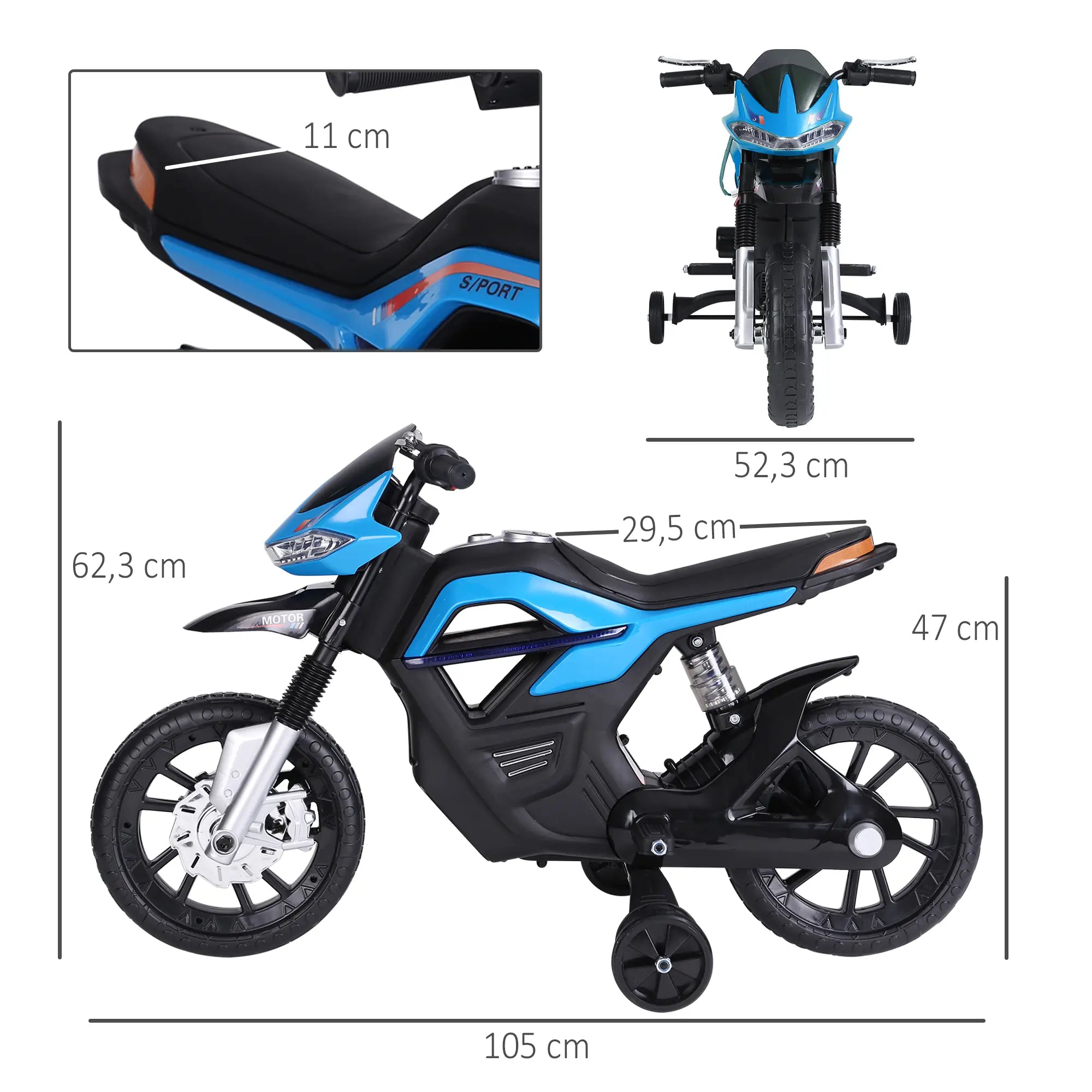 HOMCOM Kindermotorfiets Elektrisch voertuig met licht, muziek en zijwieltjes Blauw