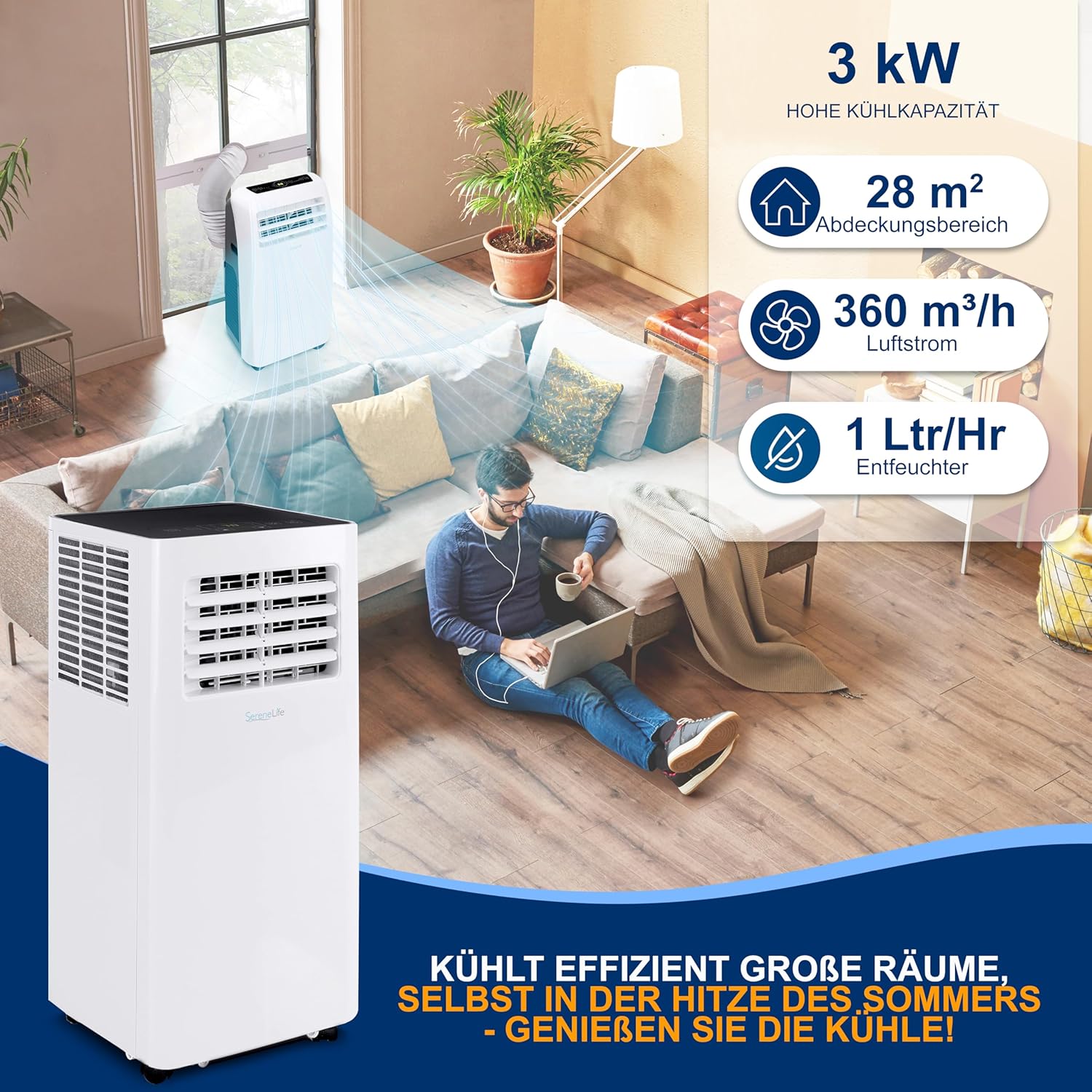 SereneLife 3-in-1 Mobiele Airconditioner met Afvoerslang – Klimaatregelaar als Luchtkoeler, Ventilator & Luchtontvochtiger – Mini Airco voor Ruimtes tot 28 m2 – Luchtkoeler voor Thuis & Kantoor 10.000 BTU