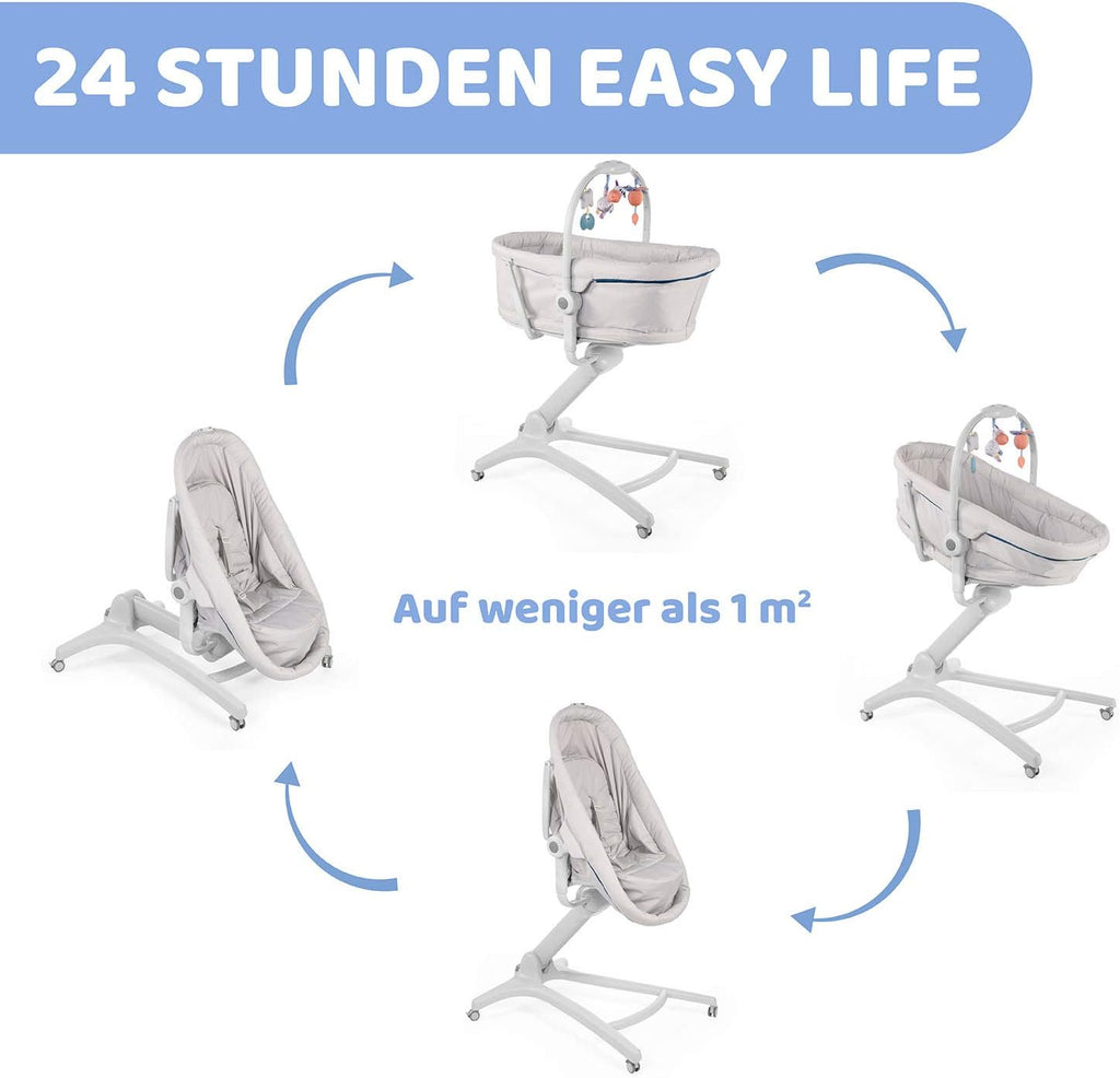 Chicco Baby Hug 4-in-1 wieg vanaf 0 maanden, verhoogde babylounger, babybed, kinderstoel met speelboog, tot 15 kg, verstelbare rugleuning, verstelbare hoogte en 4 wielen