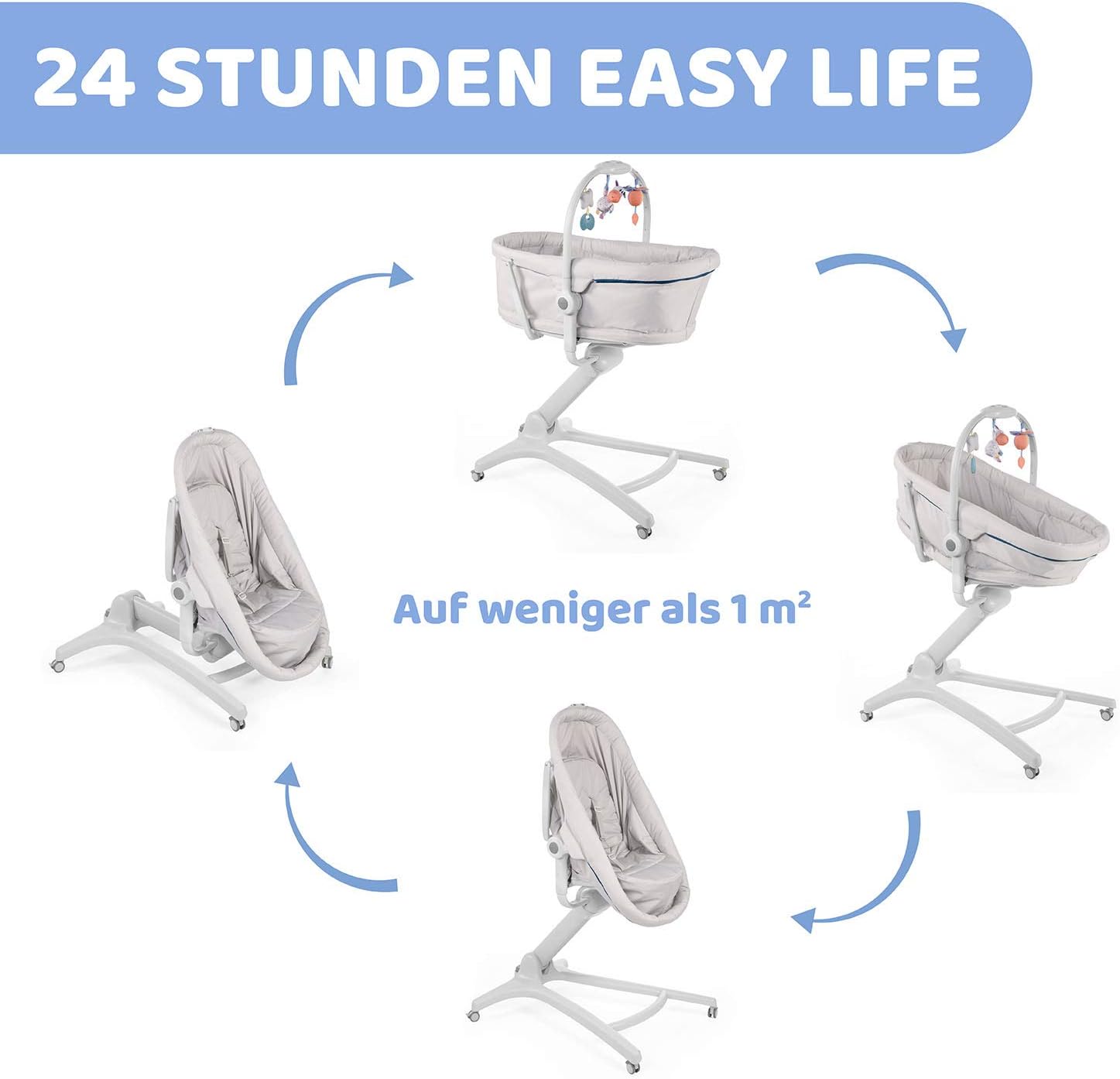 Chicco Baby Hug 4-in-1 wieg vanaf 0 maanden, verhoogde babylounger, babybed, kinderstoel met speelboog, tot 15 kg, verstelbare rugleuning, verstelbare hoogte en 4 wielen